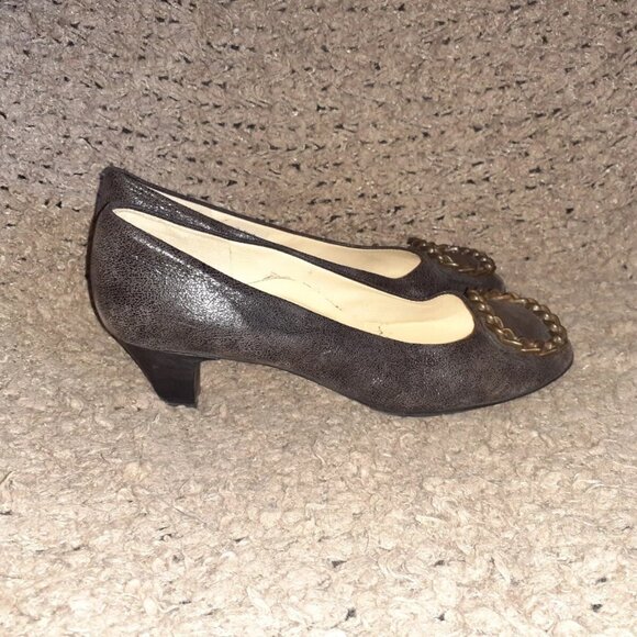 BRUNATE-Italy-Brown Shimmer Suede-Bronze Chain Pumps-Sz 39-Near Mint - Picture 4 of 8